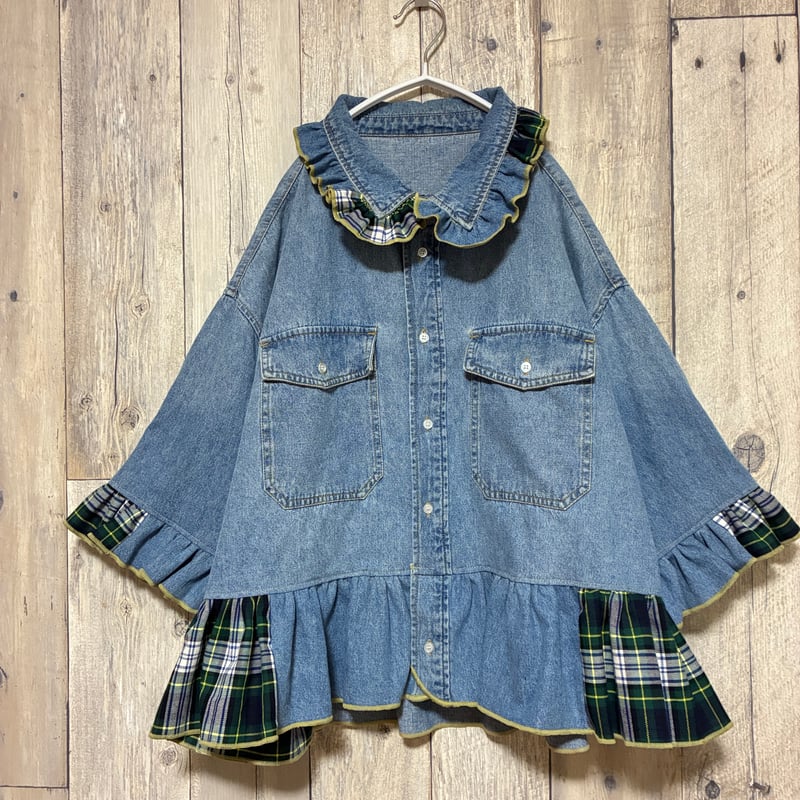 リメイク❣チェック柄フリル付きデニムシャツ 8分袖【R-0175】 | 古着