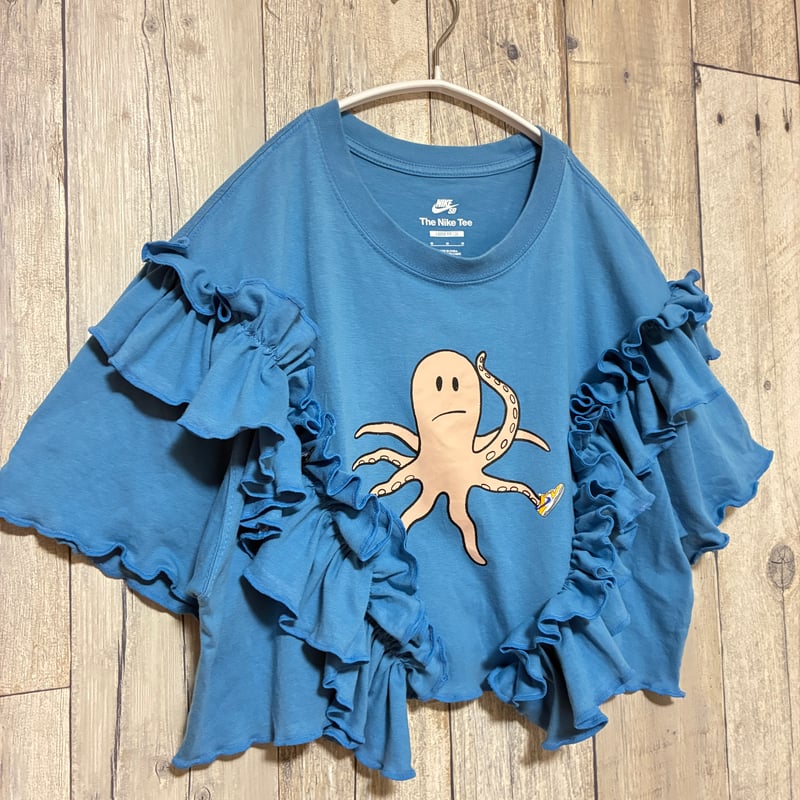 リメイク❣ NIKEプリントフリル Tシャツ半袖ショート丈ブルー 【R-0073