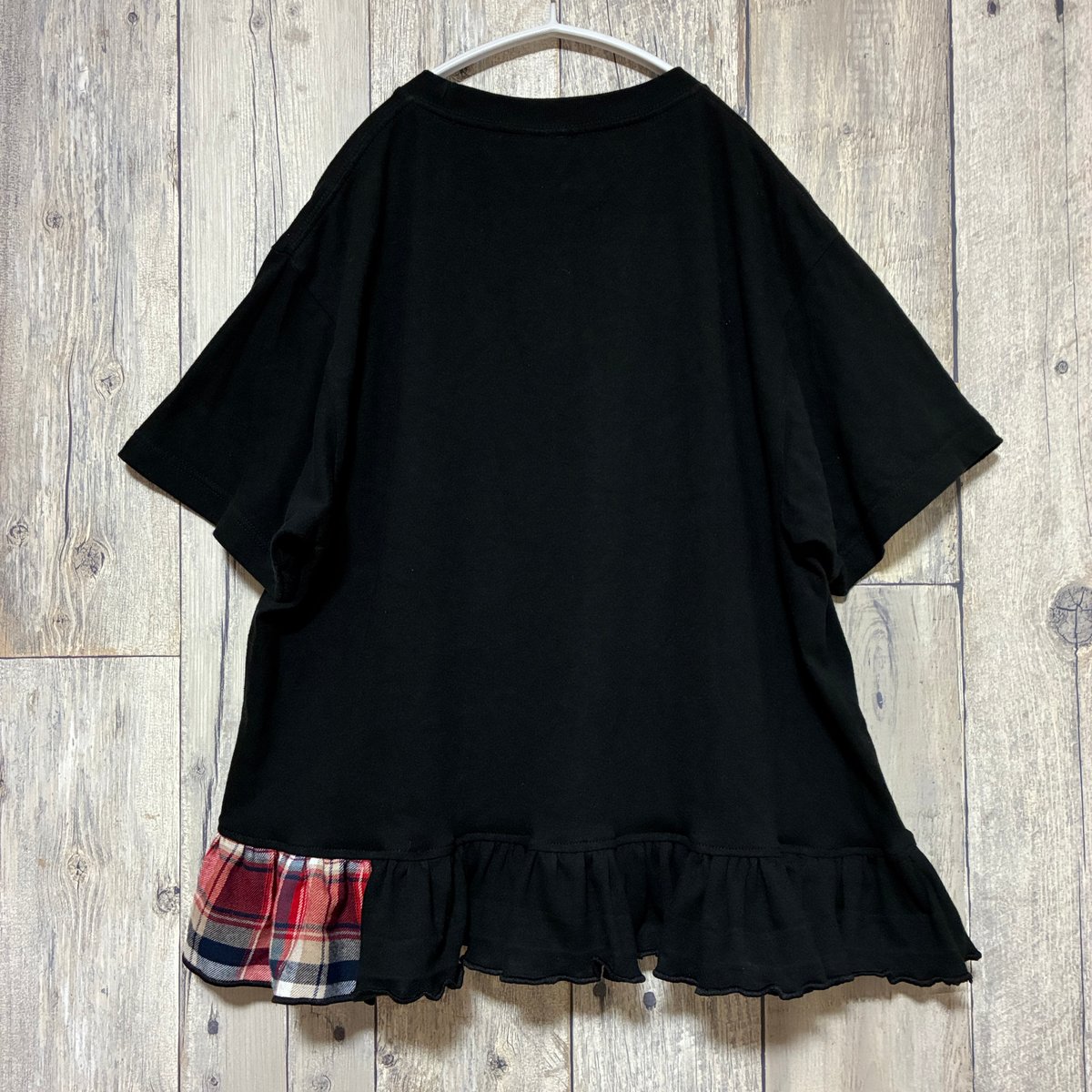 黒チェック柄フリル半袖Tシャツ M リメイク❣チェック柄フリル付きプリントTシャツ半袖 ブラック【R-0138