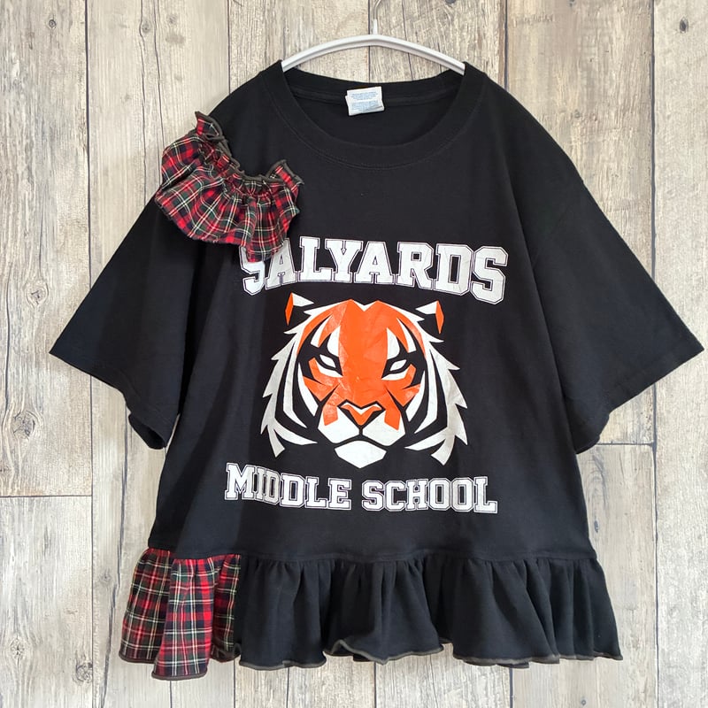 黒チェック柄フリル半袖Tシャツ M リメイク❣チェック柄フリル付きプリントTシャツ半袖トラ ブラック【R
