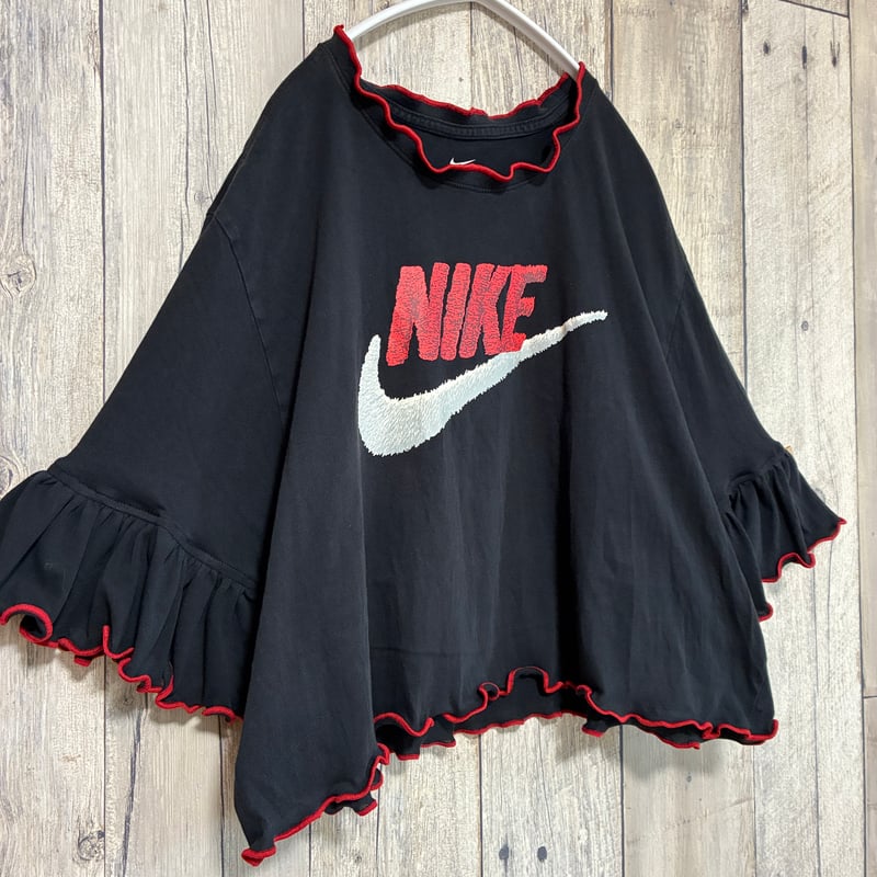 リメイク❣ Nikeフリル袖 プリントTシャツ8分袖 ブラック/レッド【R