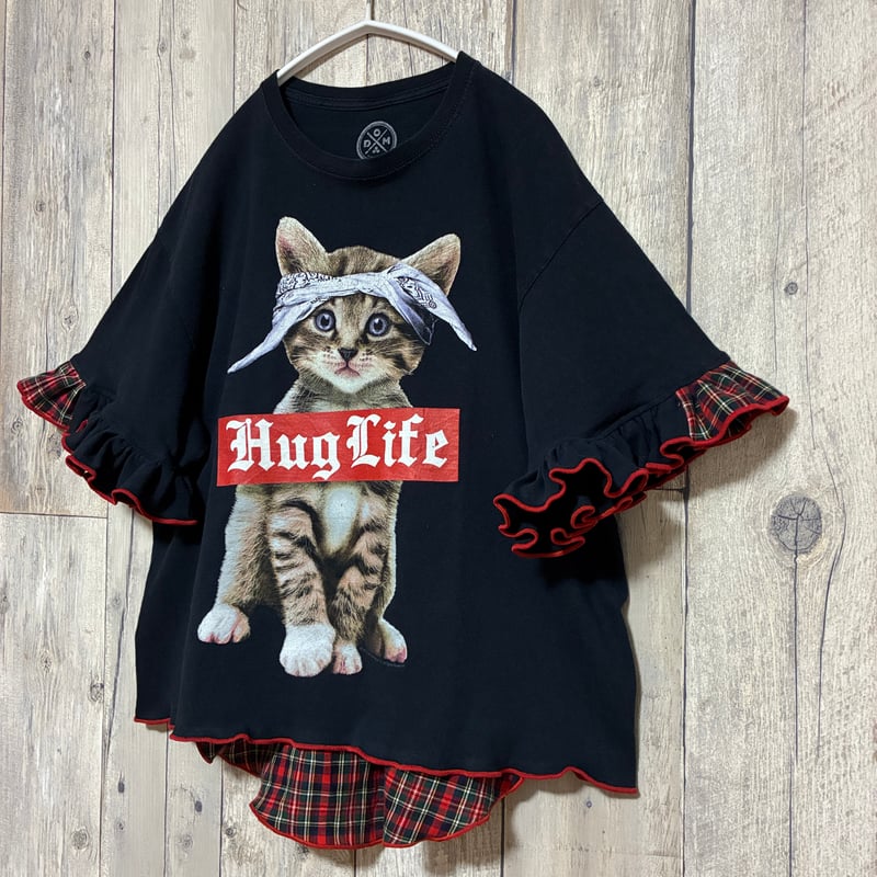 リメイク❣チェック柄フリル袖プリントTシャツ半袖 猫 後ろキリカエ【R