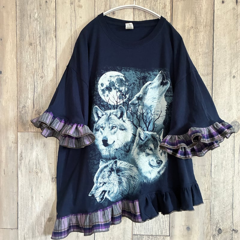 リメイク❣チェック柄フリル付きプリントTシャツ半袖 オオカミゆったり