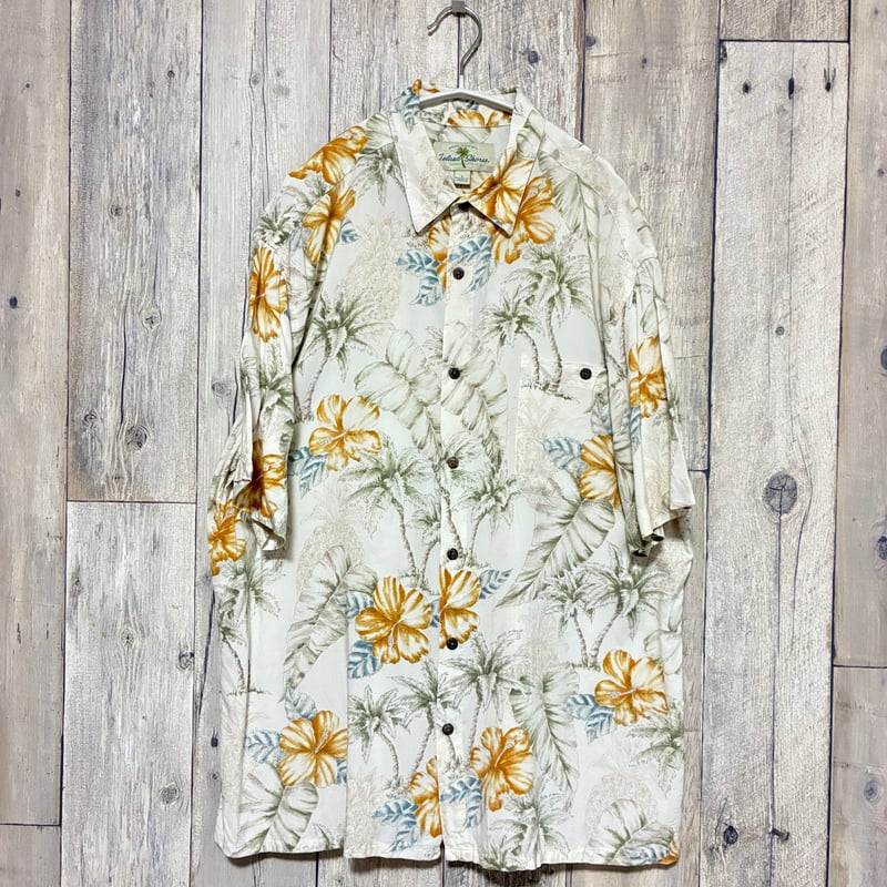 ISLAND SHARESI レーヨンアロハシャツ総柄 ハイビスカス リーフ【25