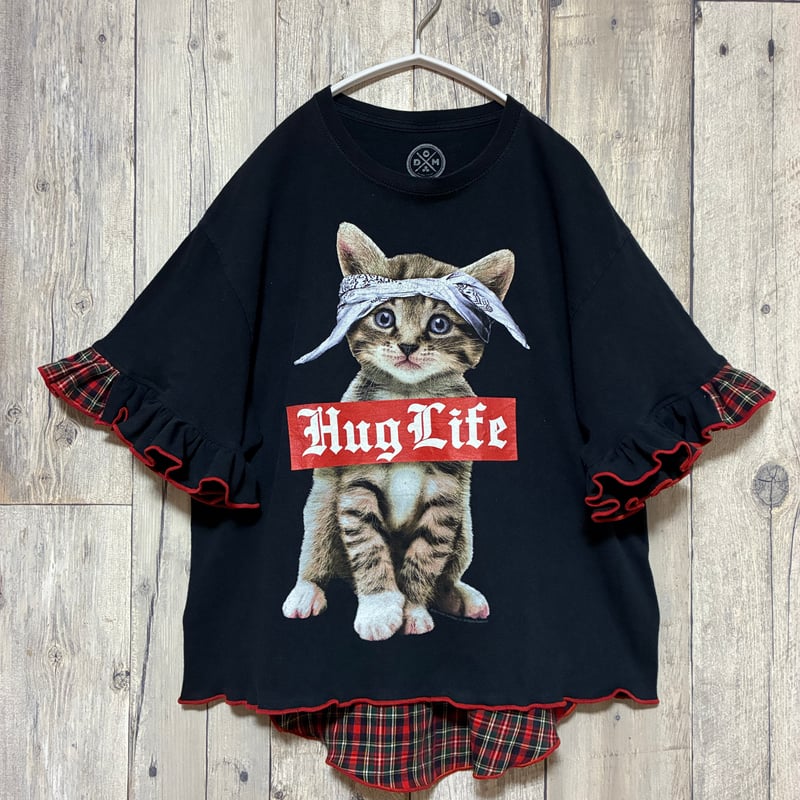 リメイク❣チェック柄フリル袖プリントTシャツ半袖 猫 後ろキリカエ【R 