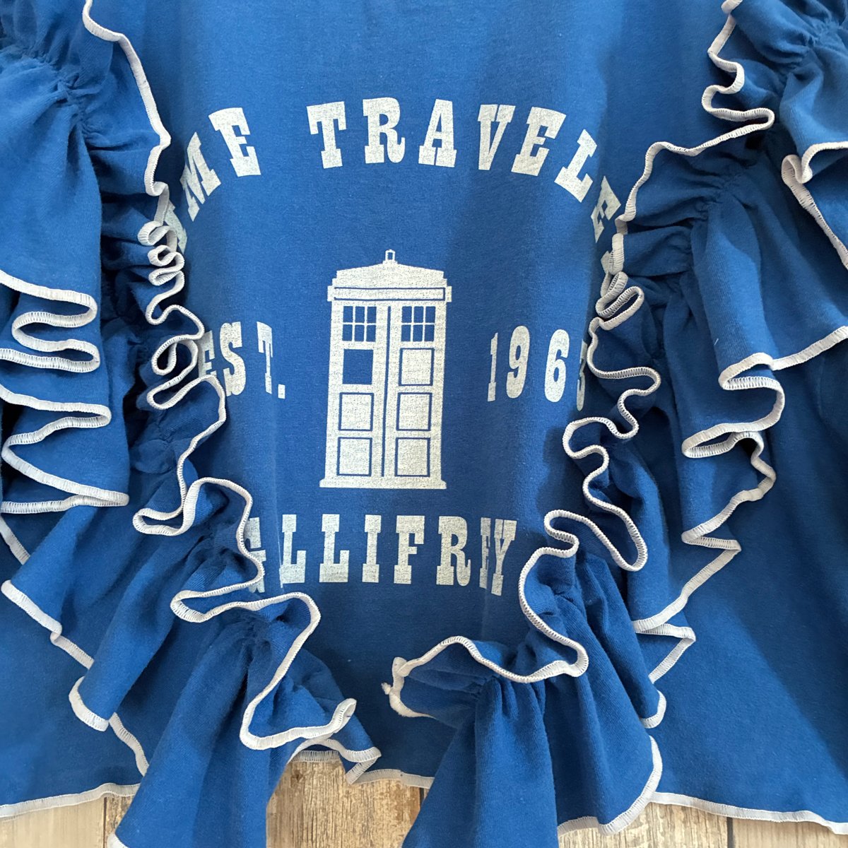リメイク❣フリル付きプリントTシャツ半袖ショート丈 ブルー【R-0111