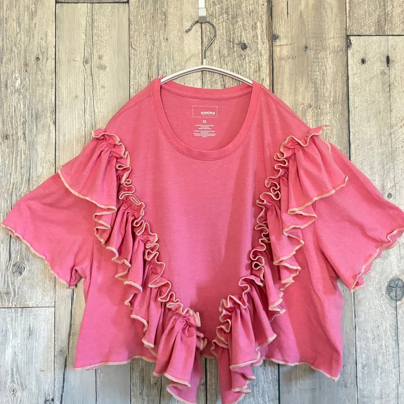 古着　スゥェット　フリル　短丈　リメイク　赤　ワイドスリーブ　再構築 古着 スゥェット フリル 短丈 リメイク 赤 ワイドスリーブ 再構築