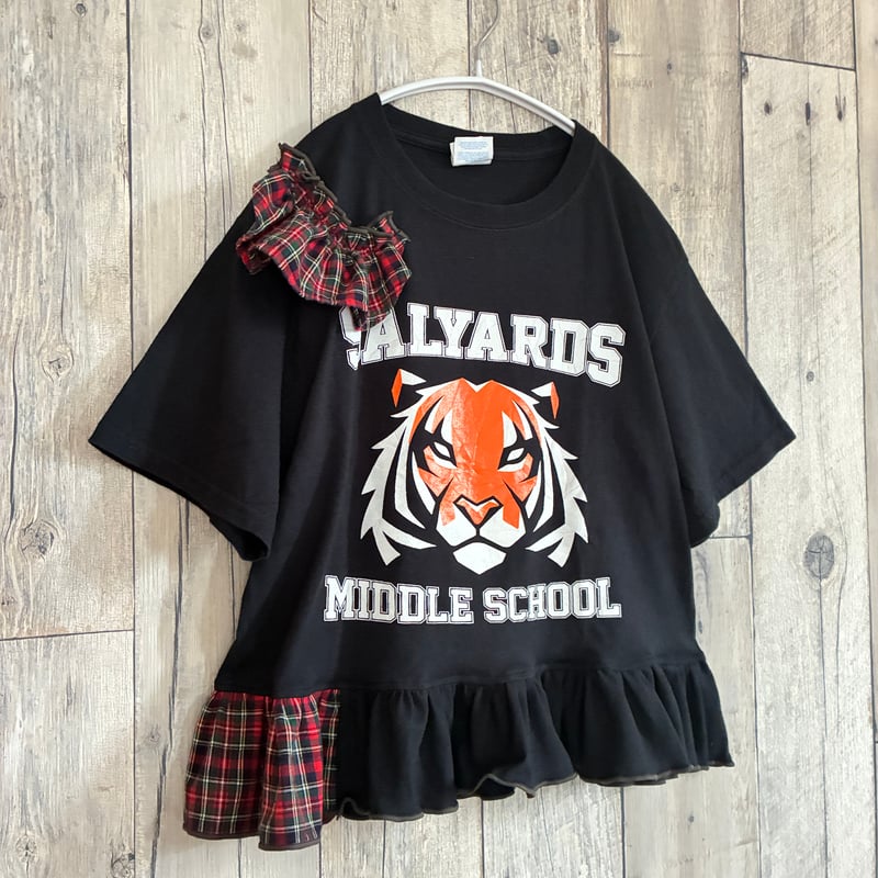 リメイク❣チェック柄フリル付きプリントTシャツ半袖トラ ブラック【R