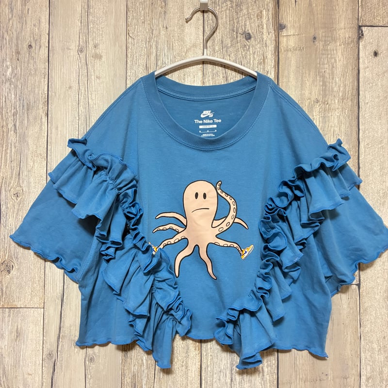 リメイク❣ NIKEプリントフリル Tシャツ半袖ショート丈ブルー 【R-0073