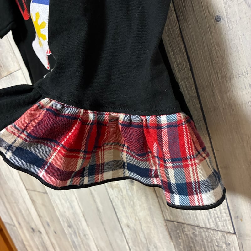 リメイク❣チェック柄フリル付きプリントTシャツ半袖 ブラック【R-0138