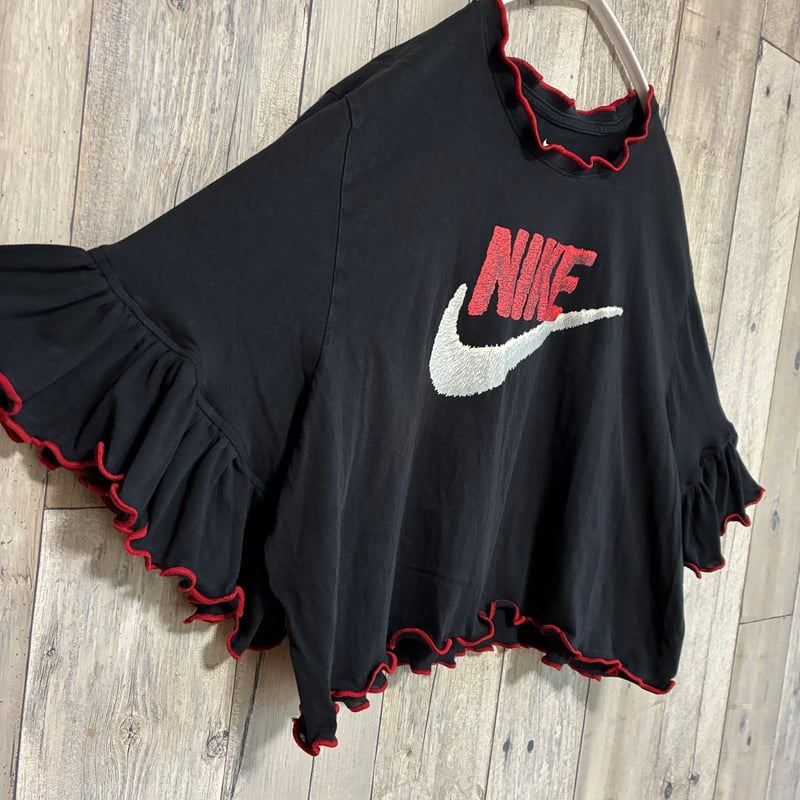 リメイク❣ Nikeフリル袖 プリントTシャツ8分袖 ブラック/レッド【R