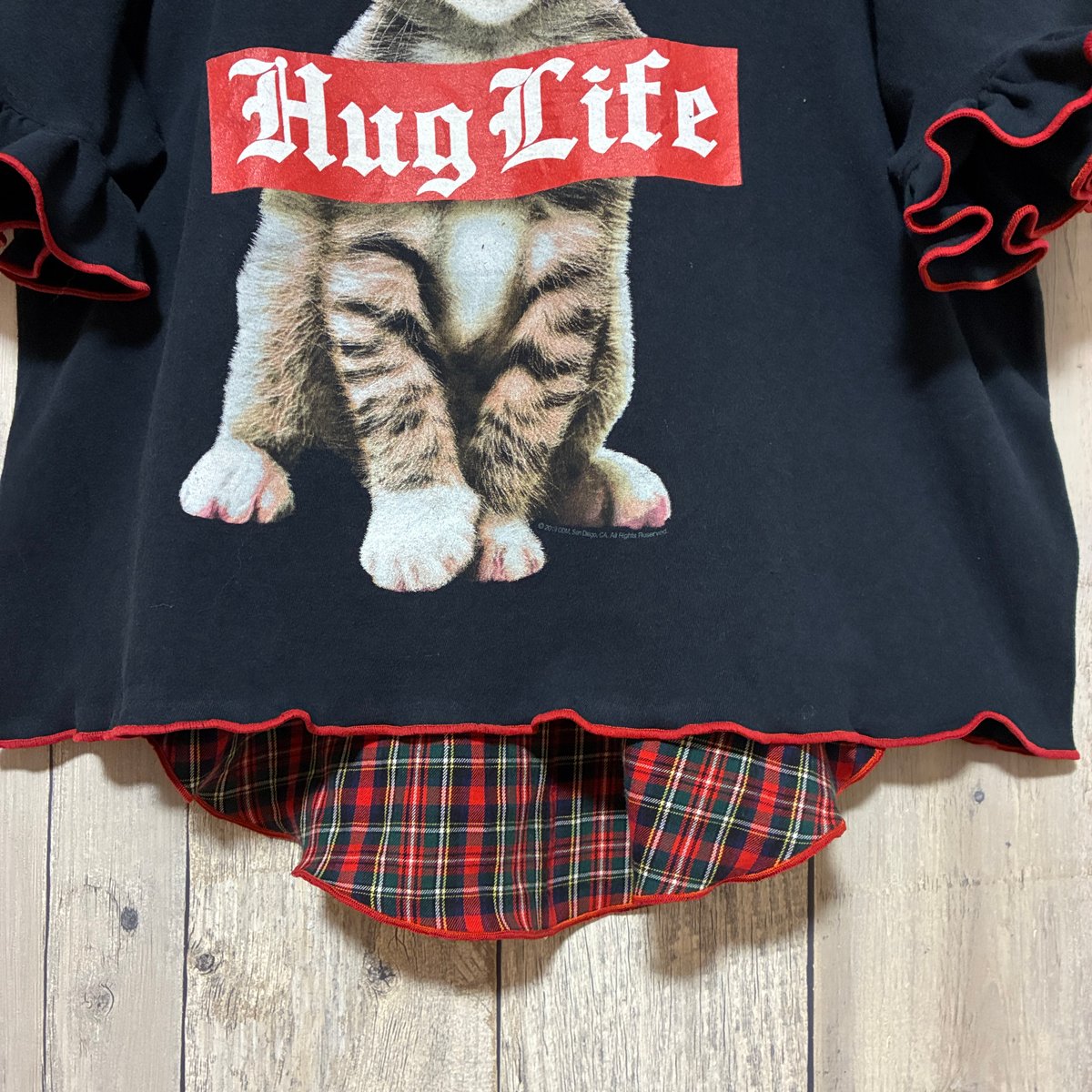 リメイク❣チェック柄フリル袖プリントTシャツ半袖 猫 後ろキリカエ【R 