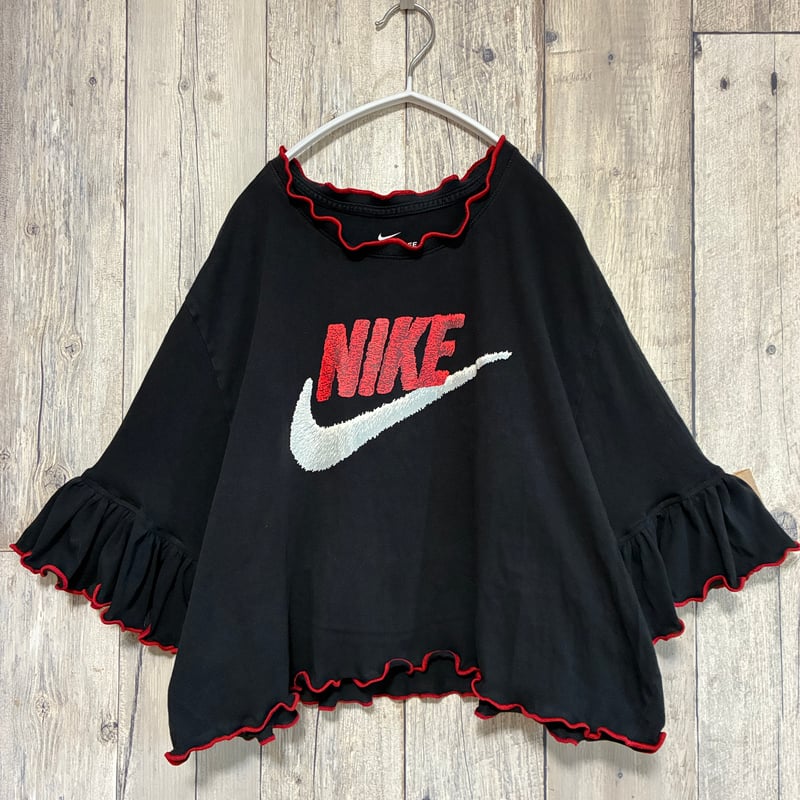 リメイク❣ Nikeフリル袖 プリントTシャツ8分袖 ブラック/レッド【R
