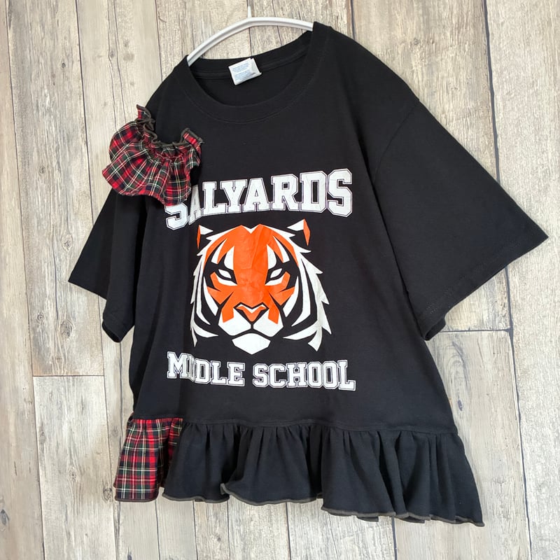 リメイク❣チェック柄フリル付きプリントTシャツ半袖トラ ブラック【R