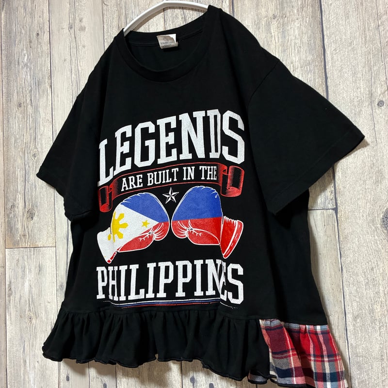 リメイク❣チェック柄フリル付きプリントTシャツ半袖 ブラック【R-0138
