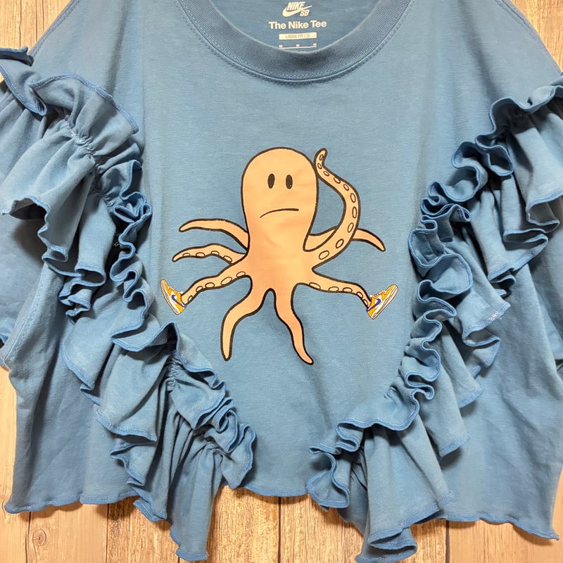 リメイク❣ NIKEプリントフリル Tシャツ半袖ショート丈ブルー 【R-0073