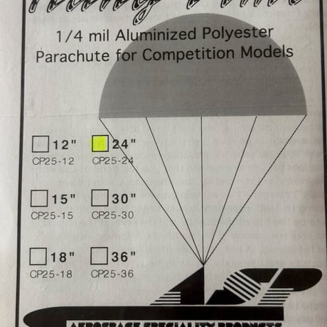 競技用24インチパラシュートキット（ASP 24" 1/4mil "Hang Time" Competition Parachute Kit - 1 Per Pack）