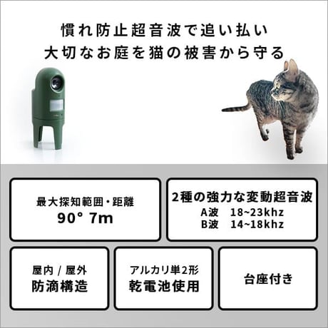 超音波式 猫しっし 猫除け 猫対策 台座付き 防滴構造 広範囲 屋内 屋外 乾電池式 猫感知センサー 超音波スピーカー 庭 家庭菜園 駐車場 代引不可