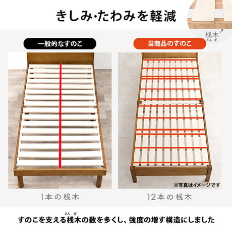 耐荷重350kg すのこベッド シングル 2段式宮棚付き 高さ調整 3段階 天然木 ベッドフレーム 棚付き 木製 すのこ 頑丈 シンプル 北欧 おしゃれ
