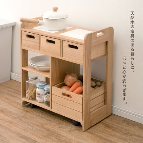 キッチンワゴン 木製 完成品 キャスター付き 天然木 高さ62cm コンパクト 天板タイル付 キッチン収納 キッチンラック ダイニングワゴン 収納 調理台 おしゃれ タイル張り 天