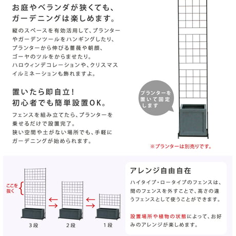 プランター台付フェンス スリムタイプ 「グラフ」  フェンス ゲート 扉 アイアン ガーデンフェンス ガーデニング 枠 柵 仕切り 目隠し 格子 ベランダ つる 薔薇 バラ