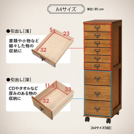 チェスト サイドチェスト 5段 A4 引き出し 引出し アンティーク 収納 おしゃれ 木製 木 ラック 書類 棚 小物入れ ワゴン キャビネット 9杯 キャスター付き キャスター