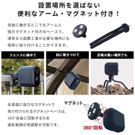 スマホと連動 充電式どこでもセンサーカメラ 盗難防止ワイヤーセット