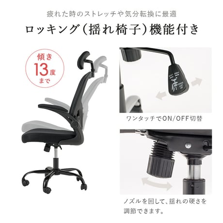 メッシュ オフィスチェア ヘッドレスト ランバーサポート 跳ね上げ式 アームレスト 可動肘 ロッキング 昇降 回転 キャスター付き ハイバック ワークチェア デスクチェア 椅子 いす 事務椅子 在宅