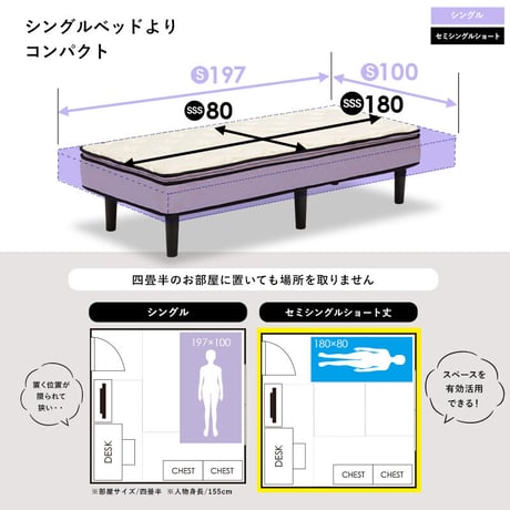 ポケットコイルマットレスベッド 幅80cm 奥行き180cm 高さ46cm マットレス付き すのこベッド セミシングルショート 収納 マットレス ロータイプ ハイタイプ すのこ