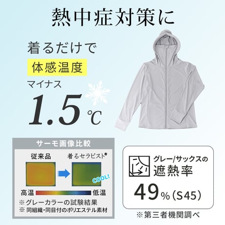 着るセラピストパーカー 日除け 日本製 近赤外線カット86％ 紫外線 UVカット98％ UPF50+ 遮熱 吸水速乾 おしゃれ 薄手 きれいめ かっこいい エイジングケア レディース セーレン ひよ
