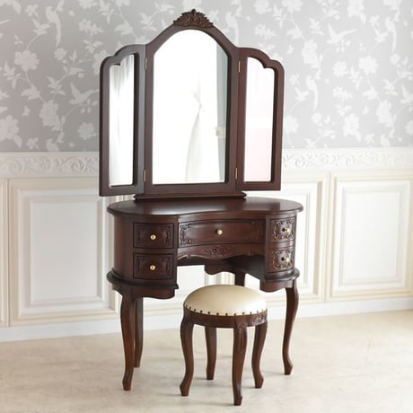 値下げ！ 長い瓶も収納 可マホガニー 三面鏡　ドレッサーデスク ロココ調 お姫様 値下げ！ 長い瓶も収納 可マホガニー 三面鏡 ドレッサーデスク ロココ