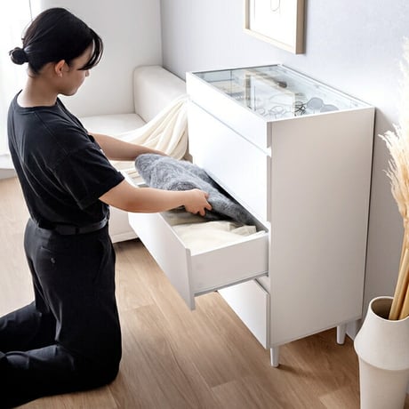 3段 チェスト キャビネット ショーケース付き 収納棚 タンス アクセサリー収納 Panna パンナ ディスプレイ 収納 引き出し シンプル コンパクト 大容量 省スペース ガラス天板 飾れる 大理石