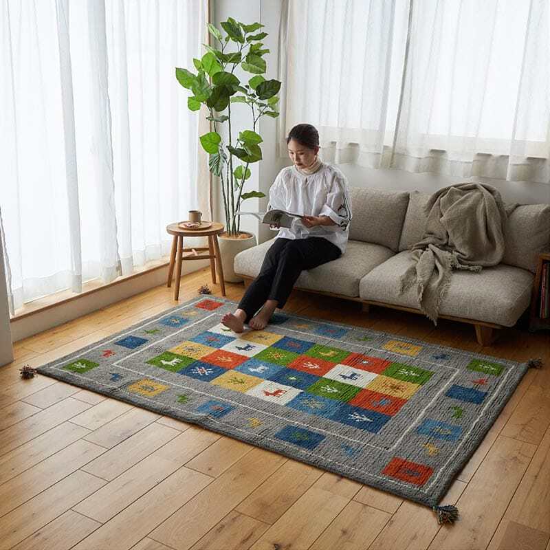 ギャッベ インド製 リビングサイズ 手織り 天然 ウール100% 長方形