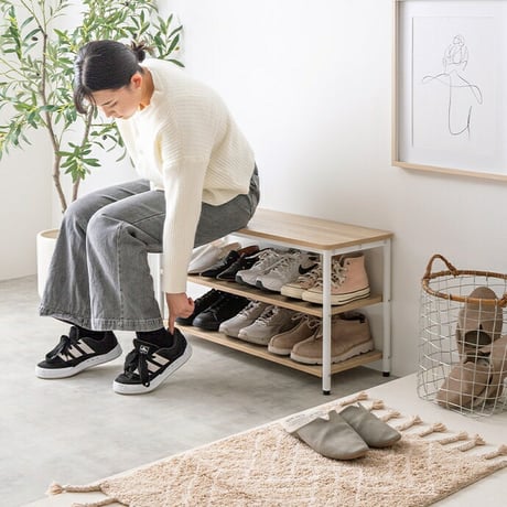 シューズラック 3段 ベンチ シェルフ 靴箱 棚 収納 玄関 靴入れ 下駄箱 スリム コンパクト 省スペース オープンラック サイド 通気性 アジャスター リビング 幅60 家族