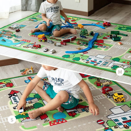 キッズラグ プレイマット はっ水 手洗いOK 道路柄 マップ柄 滑り止め付き キッズコーナーマット 学習デスクマット ホットカーペット 床暖房OK 誕生日 クリスマスのプレゼント 【S】約110×1