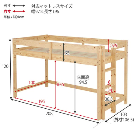 高さ低め ロータイプ ロフトベッド 高さ120cm ベッドフレーム 低ホルムアルデヒド ハイベッド 木製 子供部屋 床下収納 有効活用 北欧産パイン材 シングル すのこ 省スペー
