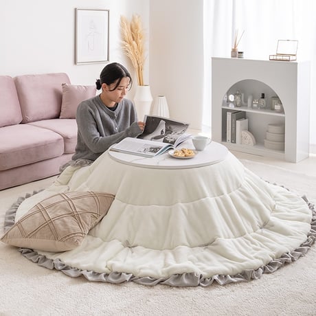 こたつ布団 円形 丸型 洗える 薄手 こたつ掛け布団 リバーシブル 197×197 暖房機器 コタツ 省スペース 上掛け Plie プリエ リボン フリル かわいい ラビットファー フランネル 両面