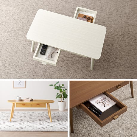 テーブル 四角 引出2杯付 楕円 幅90×奥行40cm オーバルタイプ 引き出し付き テーブル センターテーブル ローテーブル 両面引出付き 収納テーブル 木目調 デザイン性 収納
