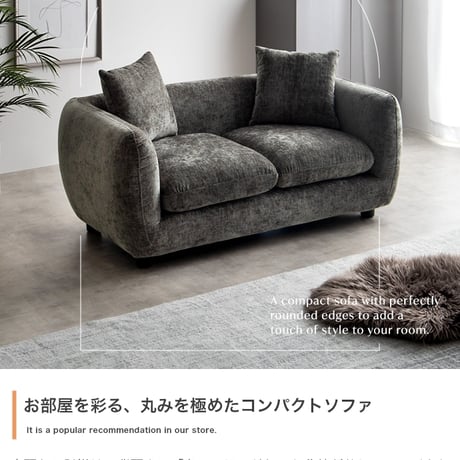 ソファ 2人掛け 幅124cm コンパクトソファ ラブソファ ローソファ 肘付き 丸み 曲線デザイン Sバネ ウェービングベルト 座面高34cm アイボリー ダークグレー 一人暮らし ワンルーム リ