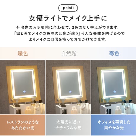 コスメワゴン キャスター付き ライト付き コスメボックス 化粧台 サイドワゴン ドレッサー ミラー付き コスメテーブル 木製 机 デスク 幅30.5cm シンプル ホワイト テレワ