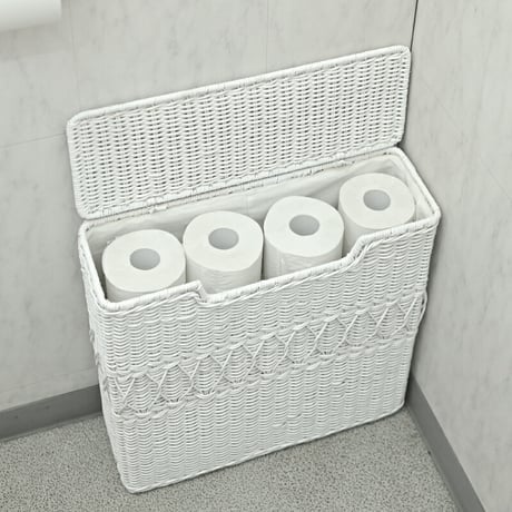 トイレットペーパー 収納 ストッカー ふた付き バスケット ラタン スリム コンパクト おしゃれ かわいい フェミニンデコ ガーリー 姫系 ロマンティック フレンチシャビー ホワイトラタン 白 家具