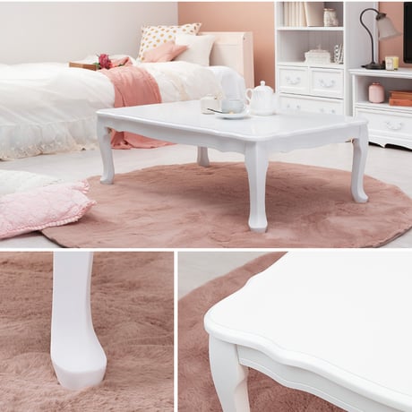 フェミニンシリーズ 折れ脚テーブル ホワイト 幅80cm テーブル 収納 リビング収納 ホワイト 白 白家具 姫系 可愛い 大人可愛い 折りたたみできて便利、猫脚とアンティーク風の