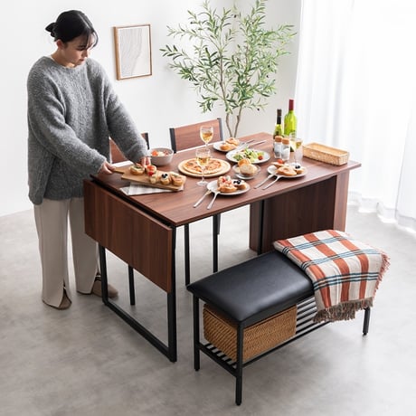 伸長式 ダイニングセット 2~4人用 ダイニングチェア2脚 ダイニングベンチ 収納付き 幅100~135cm 2人用 4人用 天然木 新生活 テーブル 食卓 木製 省スペース 北欧