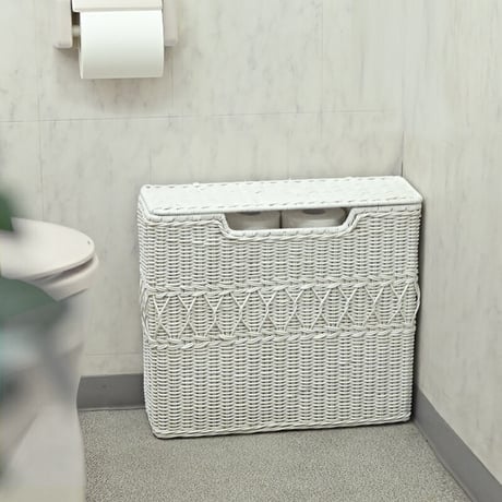 トイレットペーパー 収納 ストッカー ふた付き バスケット ラタン スリム コンパクト おしゃれ かわいい フェミニンデコ ガーリー 姫系 ロマンティック フレンチシャビー ホワイトラタン 白 家具