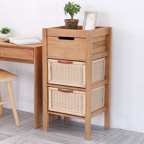 アジアン家具 チェスト 収納 キャビネット シェルフ ラック ラタン バスケット 天然素材 チーク無垢木製 籐 3段 スリム アジアン 衣類洋服収納 シャツ収納 北欧 韓国インテリア アジアン ナチ