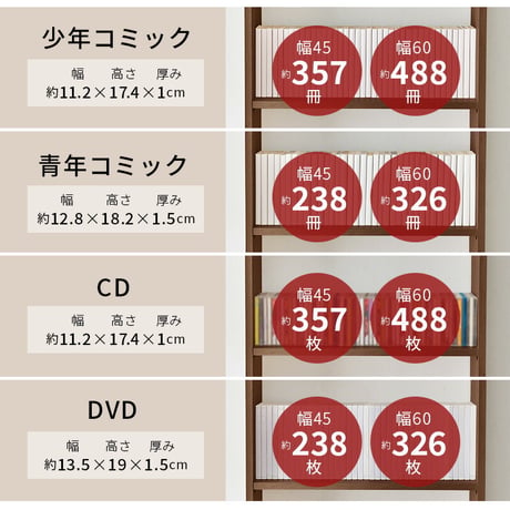 突っ張り壁面収納ラック 本棚 幅45cm 連結式 本棚単品 最大収縮357冊 スリム設計 大容量 マガジンラク コミック 省スペース 壁面収納 突っ張り仕様 安定感 棚 高さ 自由自在 リビング収納