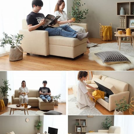 ソファー 収納付き カウチソファ 2人掛け ローソファー 収納ソファ 変形カウチ 丸み ファブリック カウチソファー 収納付きソファー ローソファ オットマン ローリング式収納 お