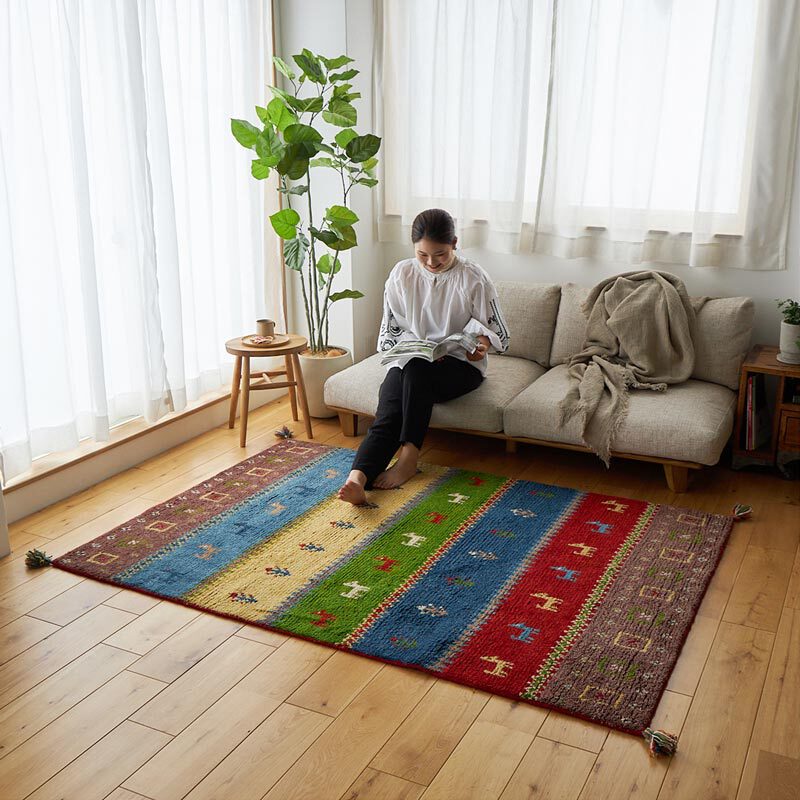 ギャッベ インド製 リビングサイズ 手織り 天然 ウール100% 長方形