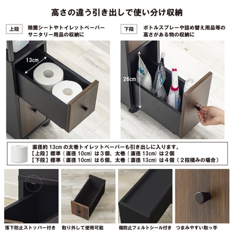 トイレラック スリム 幅20.9cm キャスター付き 引き出し 収納 トイレットペーパー 掃除道具 WJ-2402