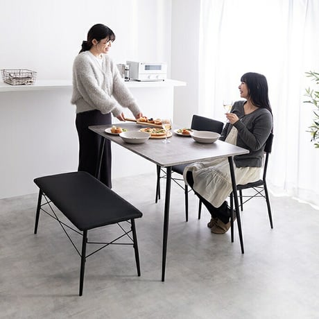 【4点セット】 ダイニングテーブルセット 食卓 チェア 椅子 ベンチ 机 リビング カフェ 大理石 石目柄 黒脚 ファミリー 幅110 3人掛け 4人掛け 4点 在宅 リモートワー